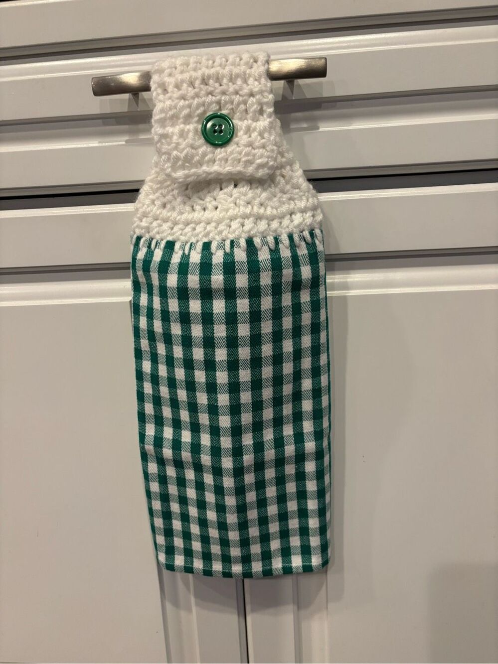 Crochet Top Kitchen Towel- Green and white checkers